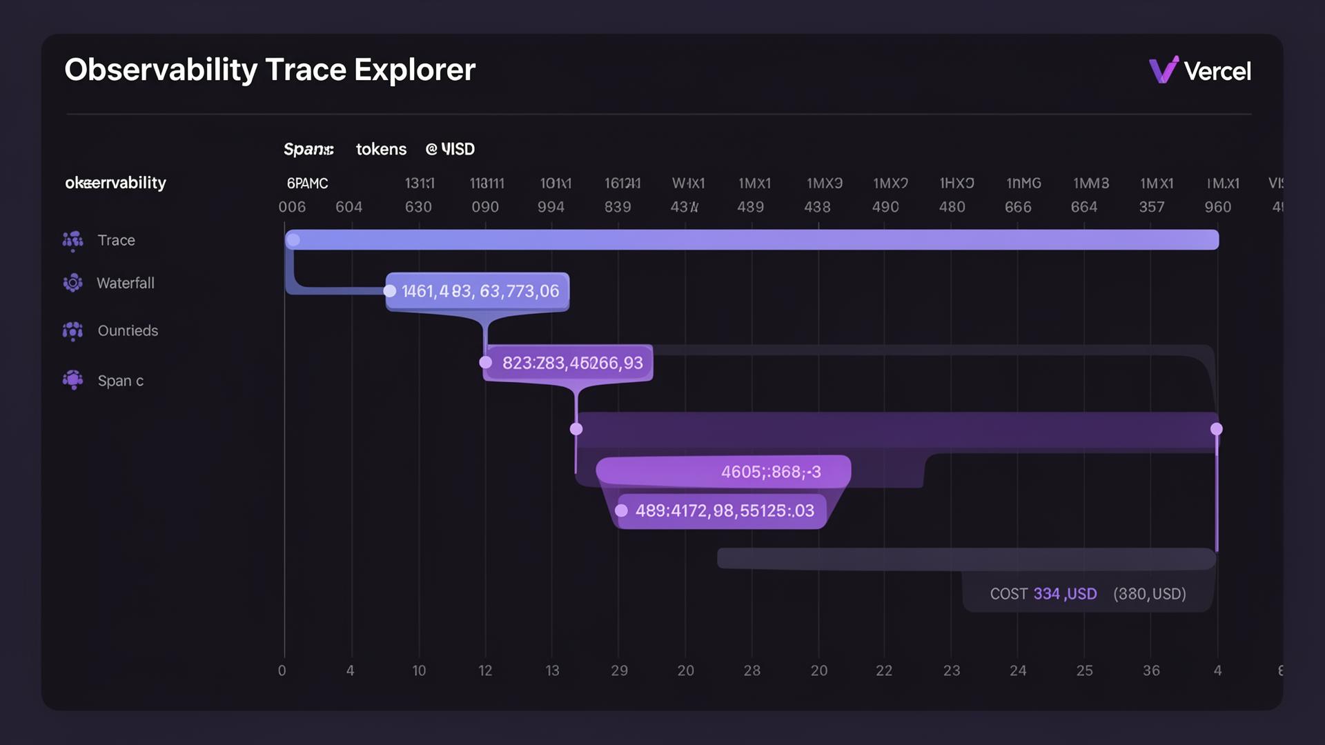 Trace explorer — spans com tokens, custo USD e latência
